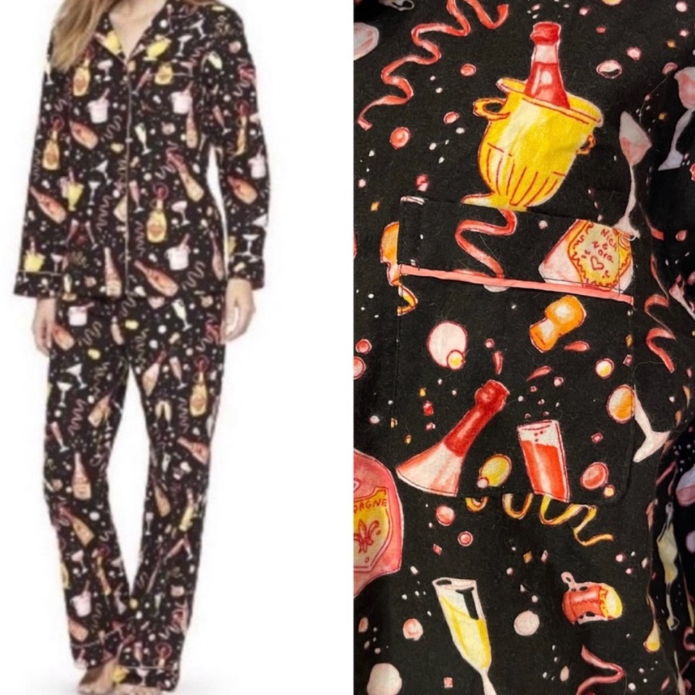Nick & Nora Champagne Pop Bottles New Years Celebrate Pj Set 100% Cotton Size M